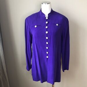 Vintage Purple Silk Long Line Stand up Collar Lagen Look Blouse S
